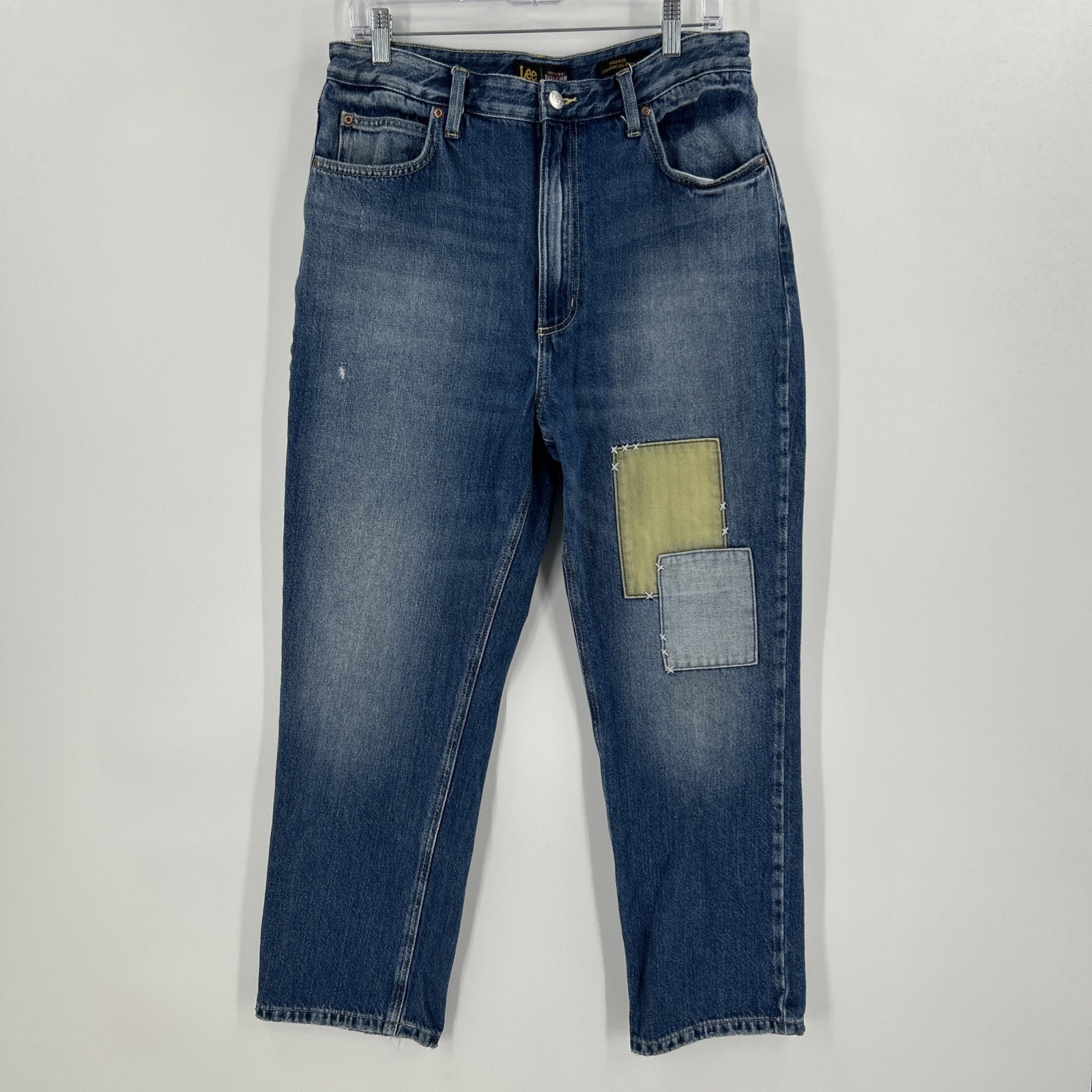 Lee Straight Leg Jeans Womens Size 32x27 Blue High Rise Ankle Patches Vintage